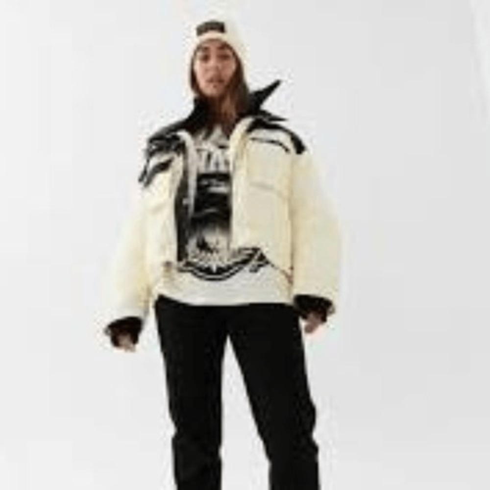 PE Nation Womens Colorblock Puffer Jacket Cream Black Cropped High Neck NEW